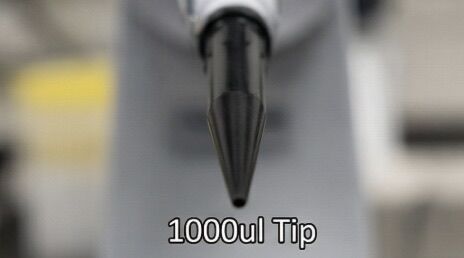 1000 µL conductive pipette tip front view attached to pipette