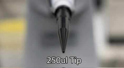 250 µL conductive pipette tip front view attached to pipette