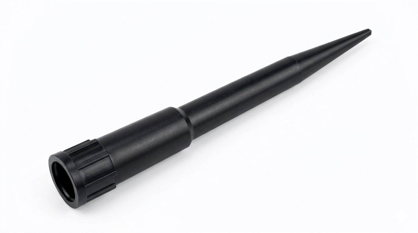 conductive pipette tip angled view showing surface finish and tapered geometry for automated systems