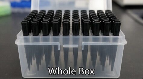 conductive pipette tips stored in laboratory tip box front view