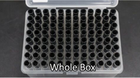 conductive pipette tips arranged in laboratory tip rack box