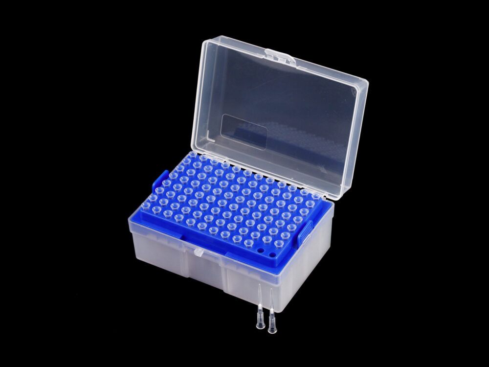 Kelabscience 10ul Short Filter Tips Boxed, Angled View with Open Lid